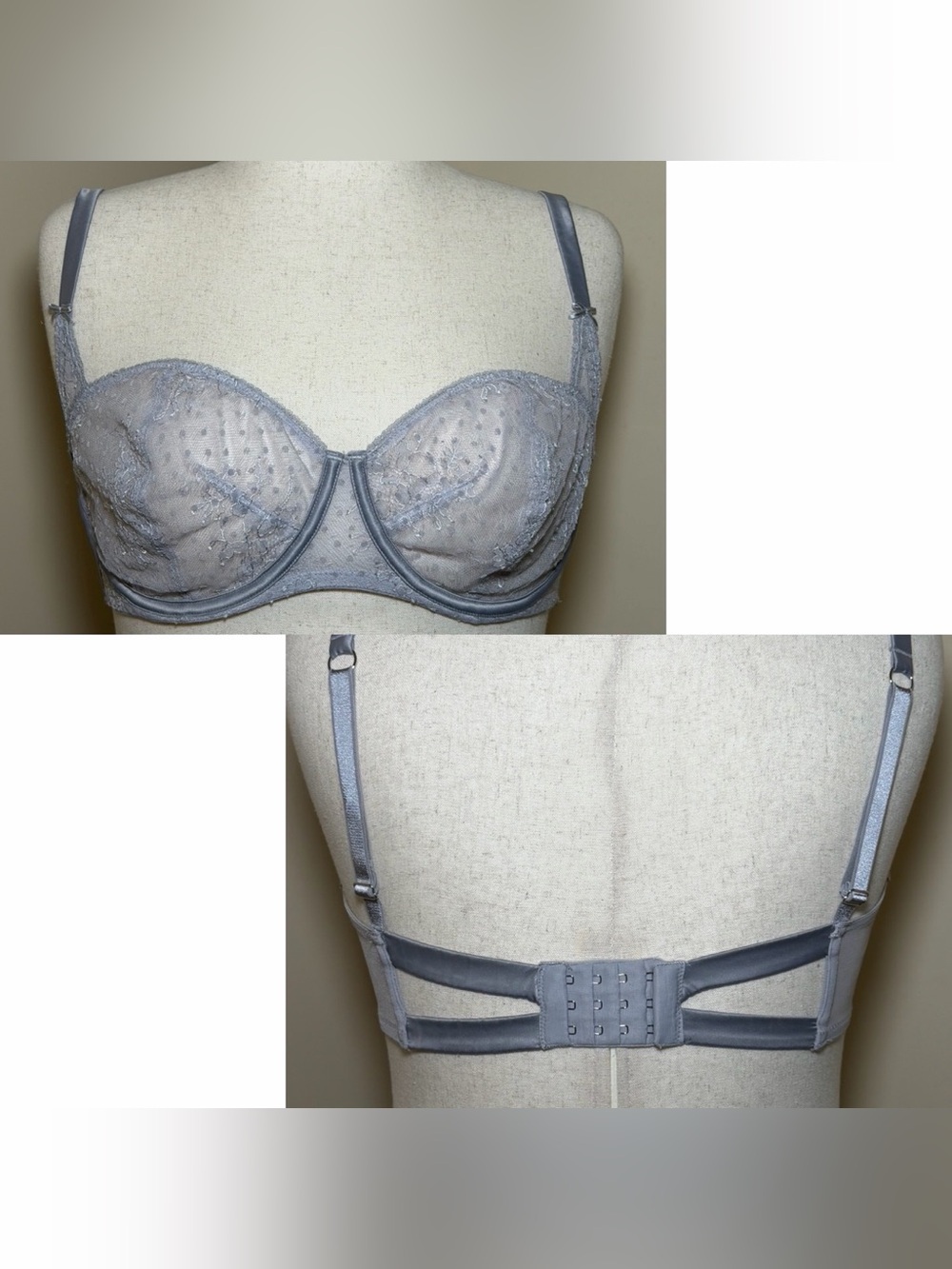 VS Dream Angels Unlined Balconette Bra 34DDD Gray Lace Underwire